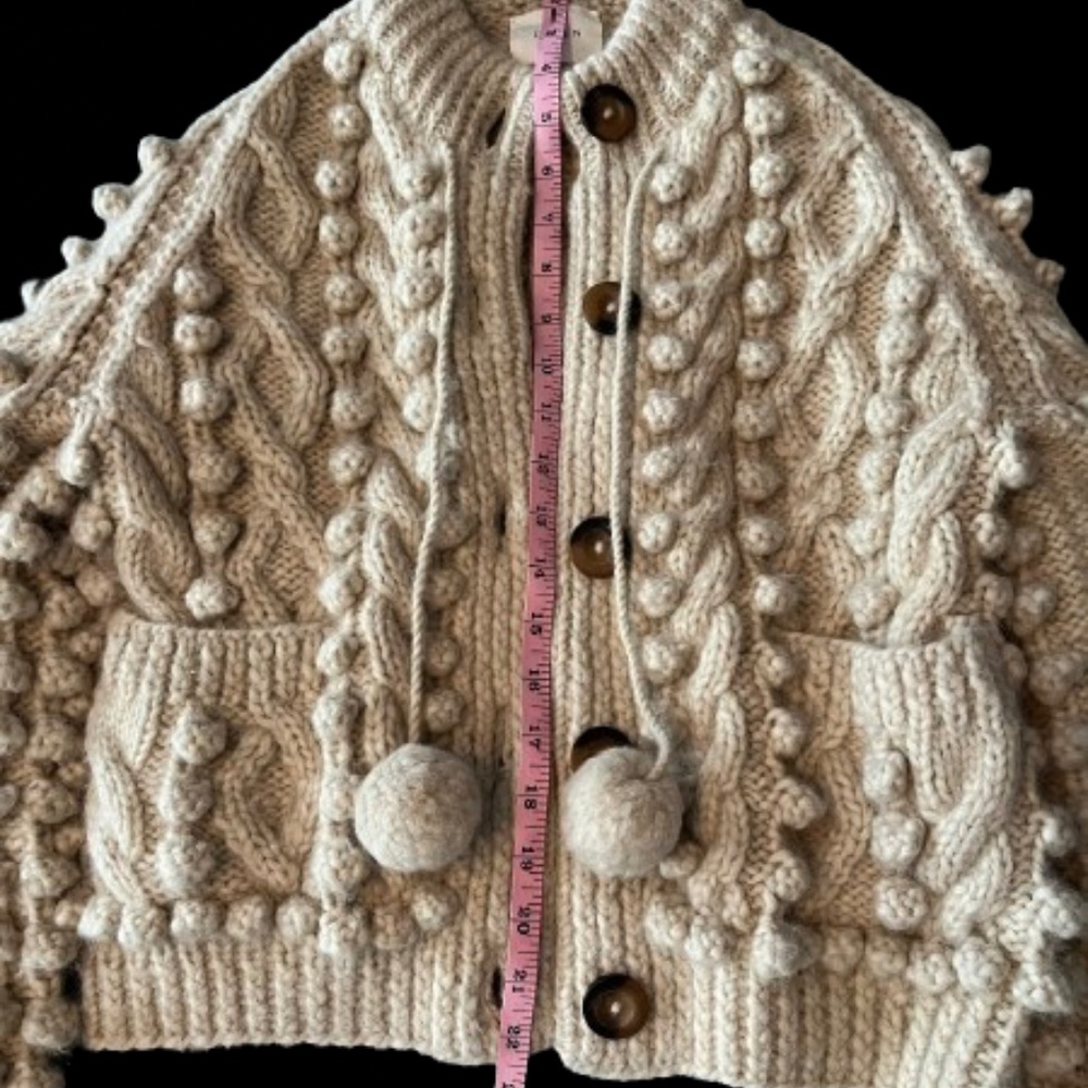 Doen baby alpaca Cream Chunky Cable Knit Pom Pom Cardigan! EUC! Size Small!